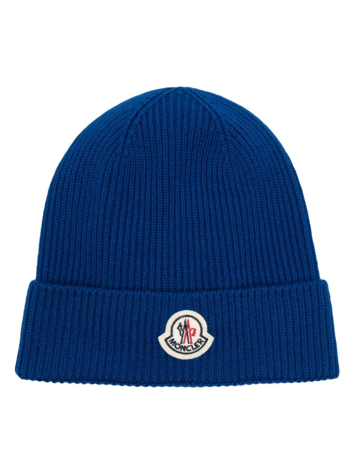 MONCLER - Bonnet en maille nervurée à patch logo Bleu klein