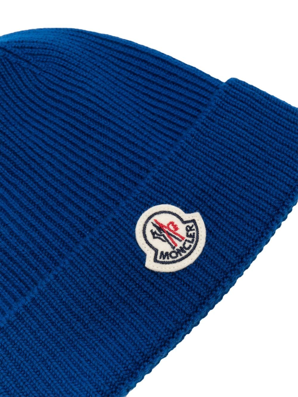 MONCLER - Bonnet en maille nervurée à patch logo Bleu klein