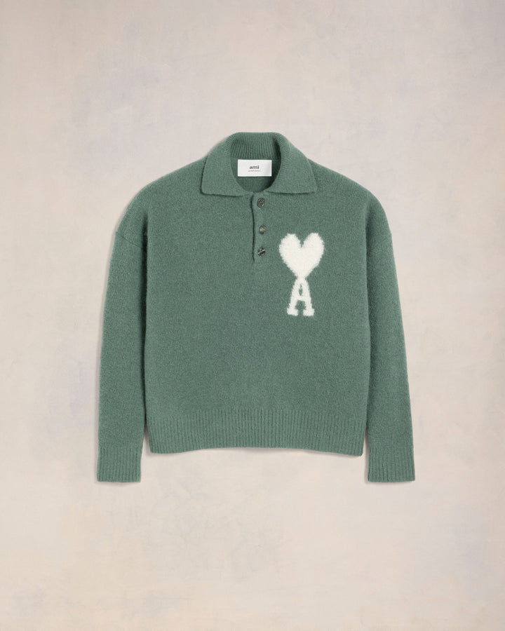 Ami PARIS - Polo en maille texturée en alpaga vert argile - Lothaire