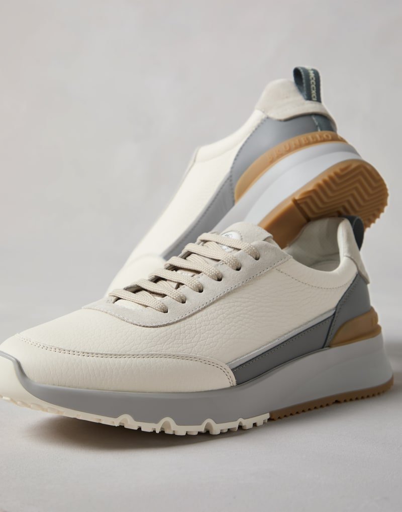 BRUNELLO CUCINELLI - Chaussures de running en cuir de veau grainé et daim lavé beige - Lothaire