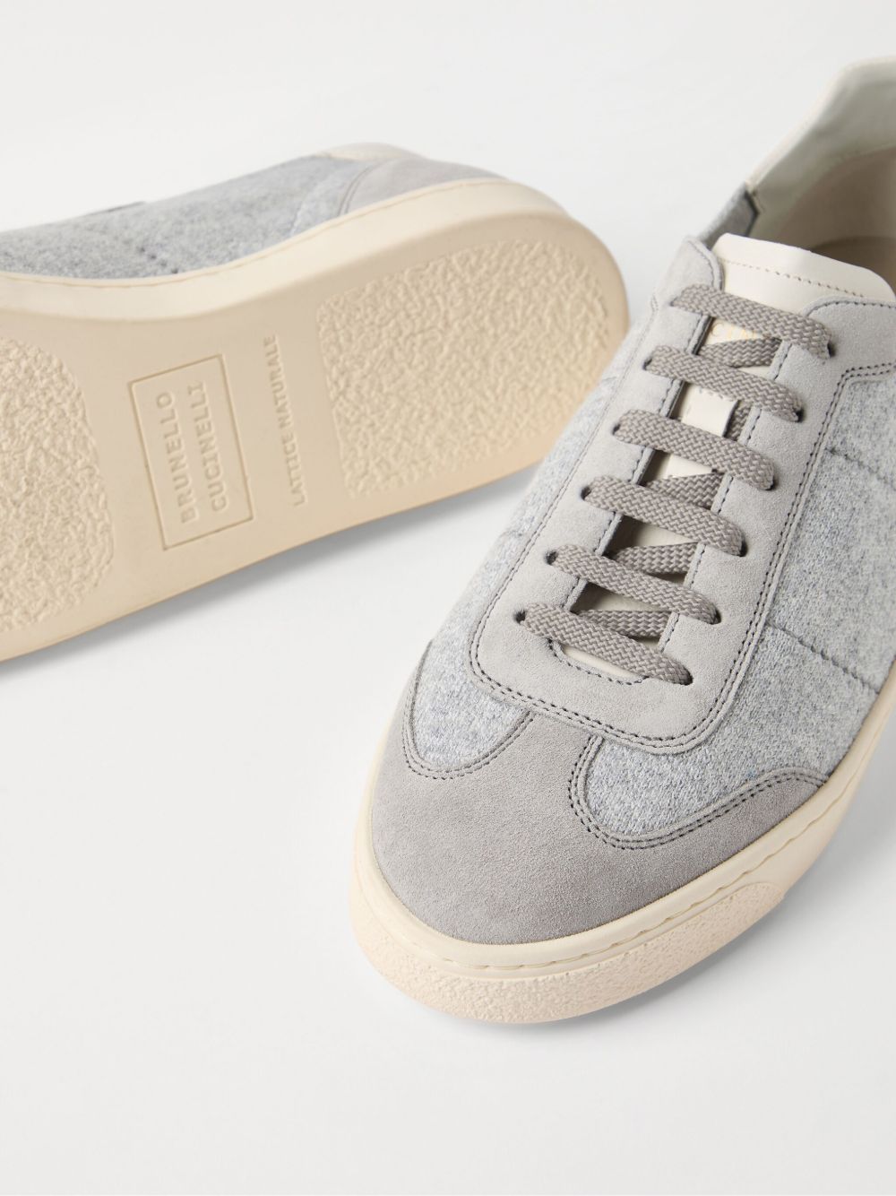 BRUNELLO CUCINELLI - Sneakers en maille de coton, daim lavé et cuir de veau Soft Gris - Lothaire