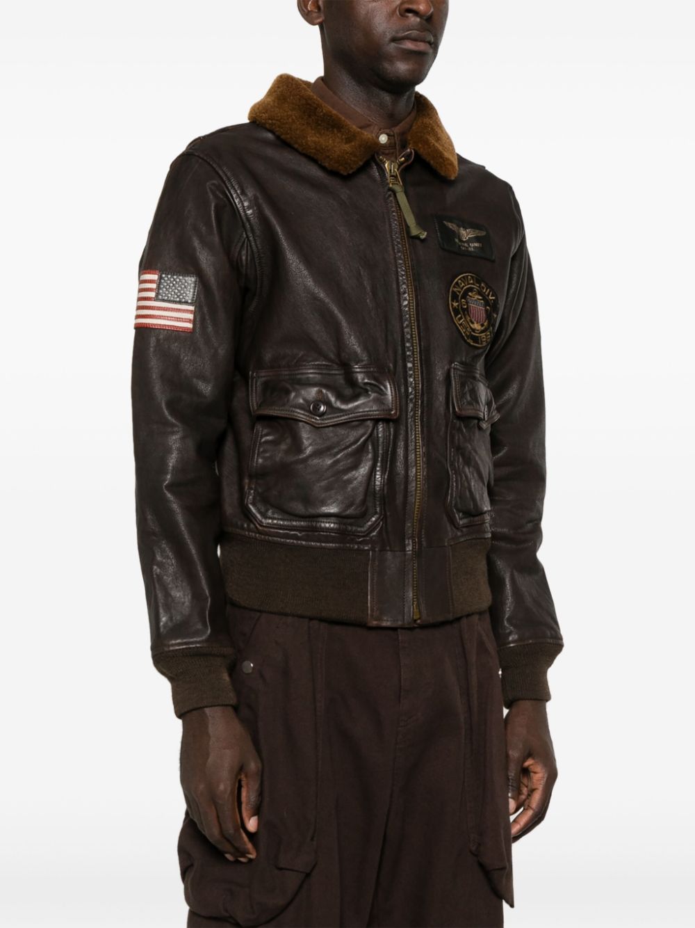 POLO RALPH LAUREN - Veste bomber à col en peau lainée marron - Lothaire