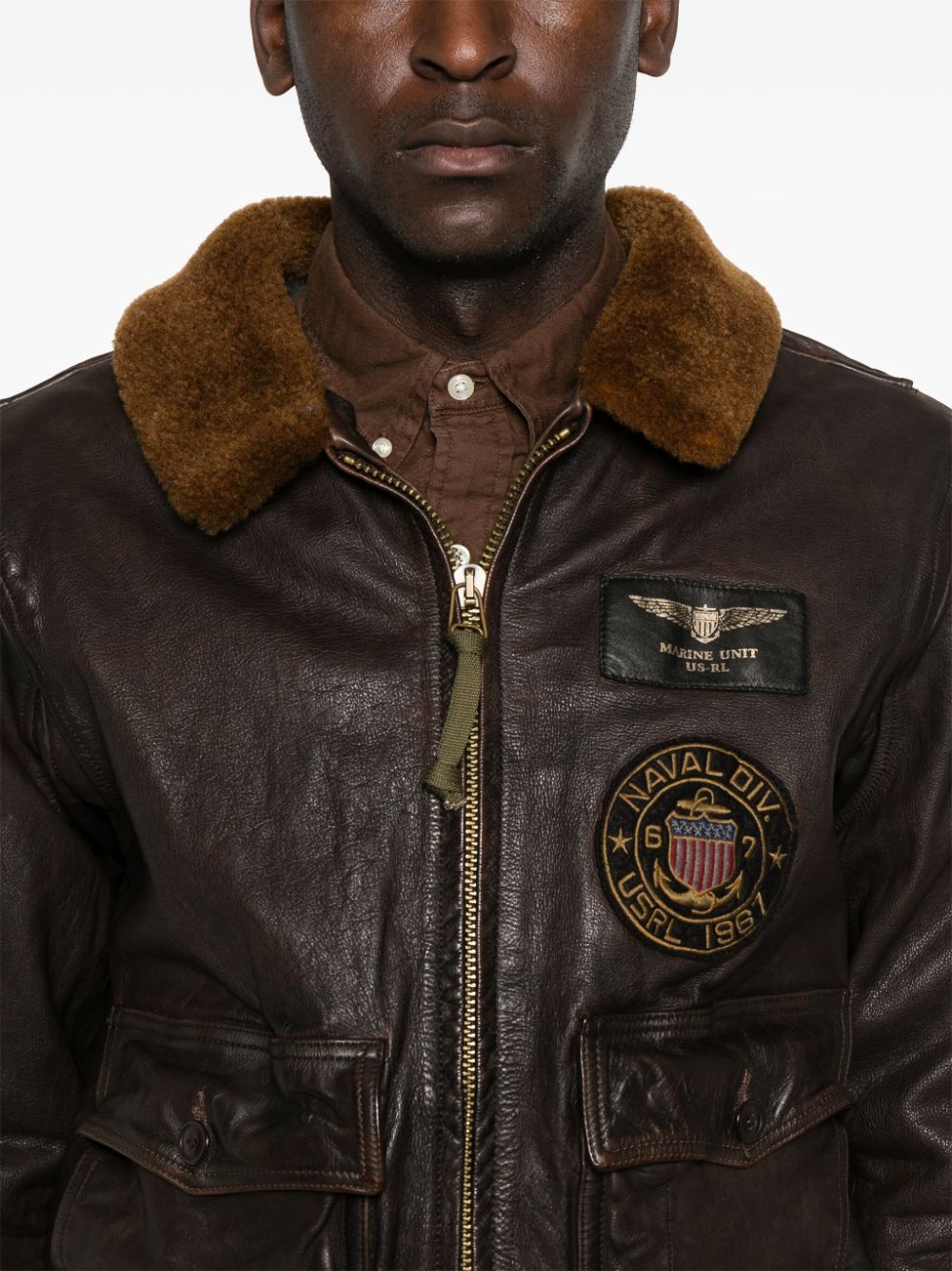 POLO RALPH LAUREN - Veste bomber à col en peau lainée marron - Lothaire