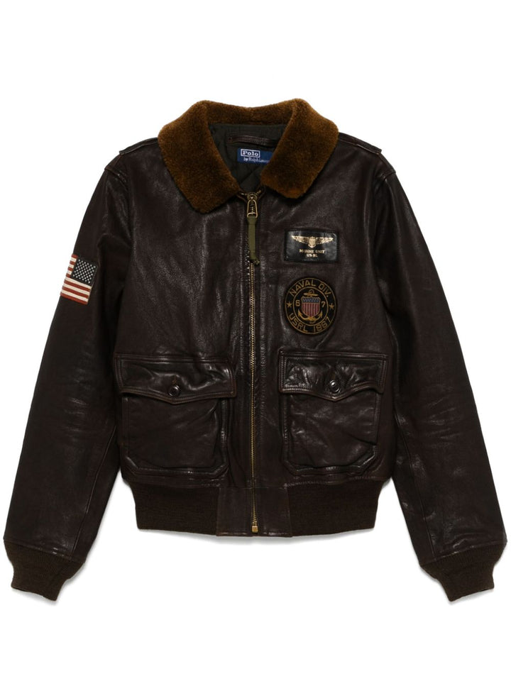 POLO RALPH LAUREN - Veste bomber à col en peau lainée marron - Lothaire