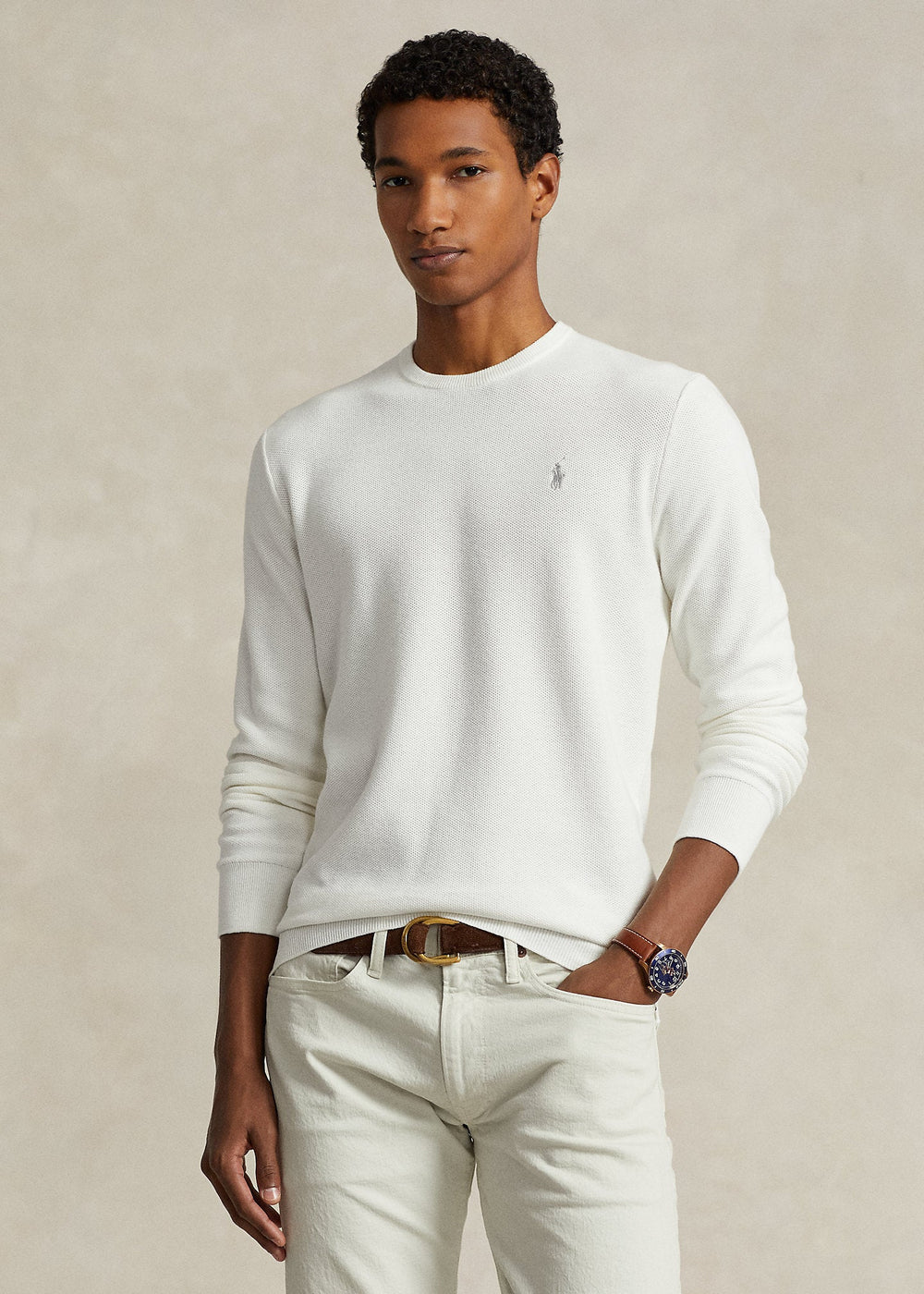 Polo Ralph Lauren - Pull white à col rond en coton texturé - Lothaire